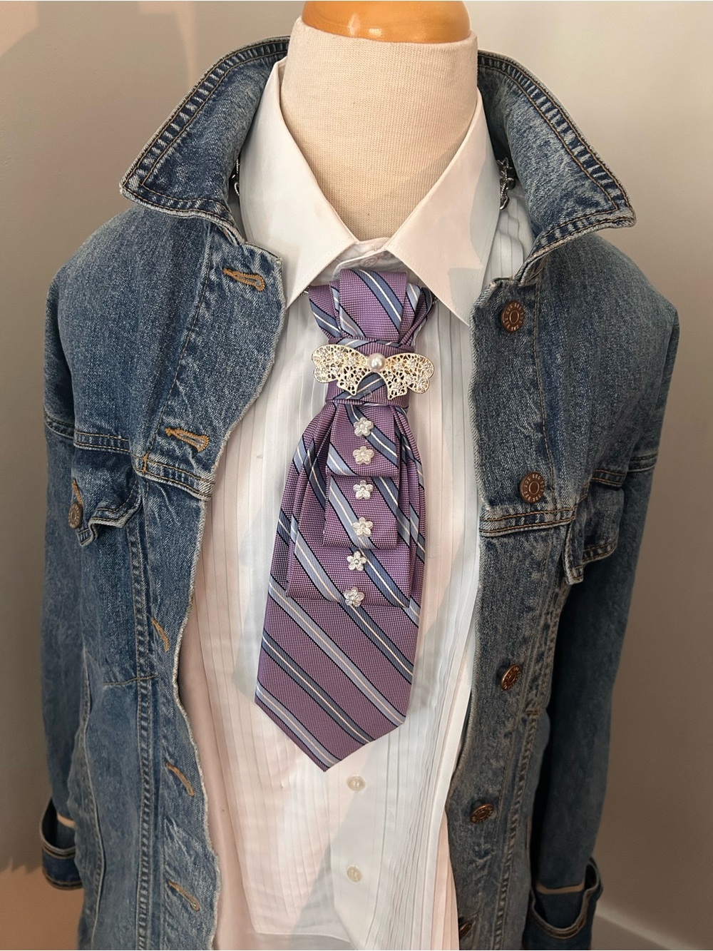Lavender Stripe Neck Tie with Silver Bow and Pearl flower accents